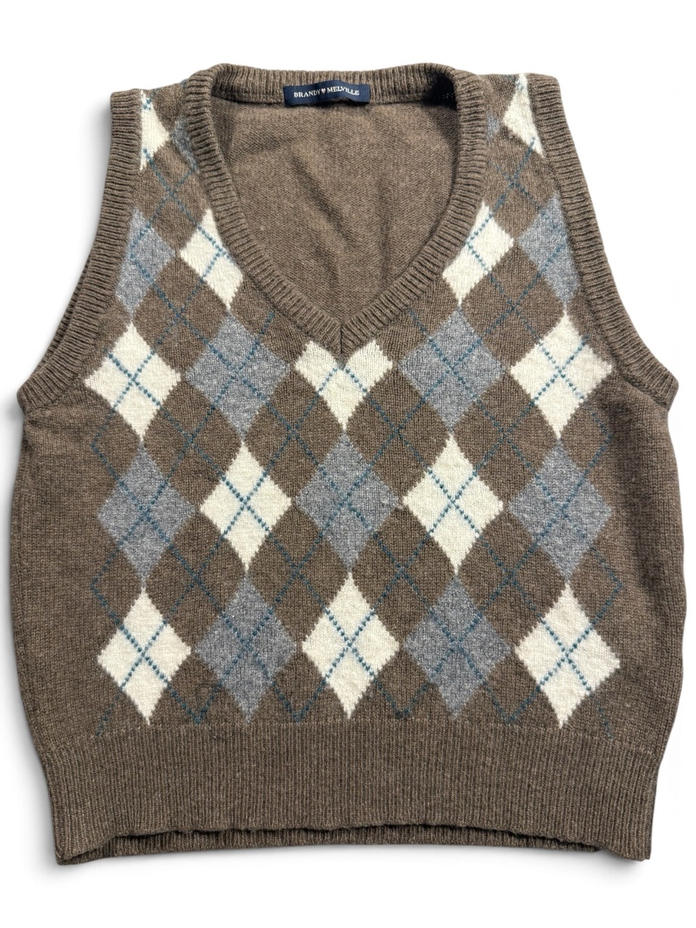 Brandy Melville Brown Argyle V-Neck Sweater Vest with Cream & Gray Diamonds Wool